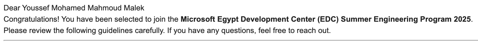 The Microsoft Egypt Development Center internship acceptance email