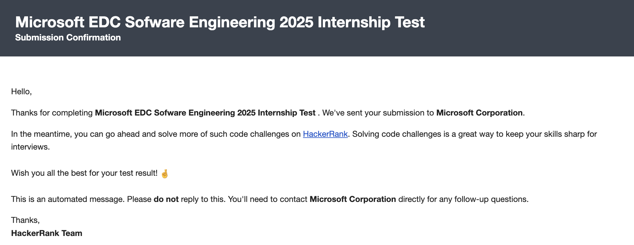 Email from HackerRank confirming completion of the Microsoft coding assessment