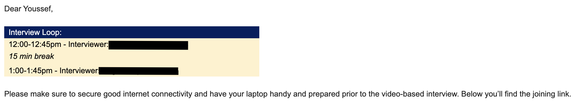 Email invitation to the Microsoft EDC technical interviews